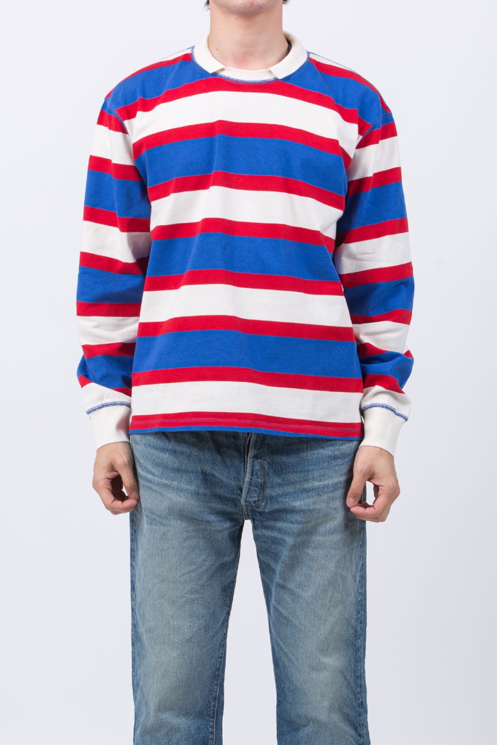 (24SS) MOCK NECK LS STRIPE RUGBY SHIRT NAVY/WHITE/RED